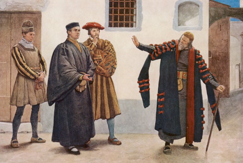 Kupiec wenecki Szekspira: Shylock, Antonio, Salarino i Gaoler (kolorowa litografia) autorstwa James Dromgole Linton