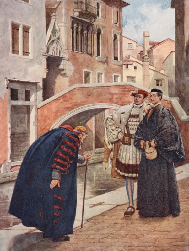 Kupiec wenecki Szekspira: Shylock, Bassanio i Antonio (kolorowa litografia) autorstwa James Dromgole Linton