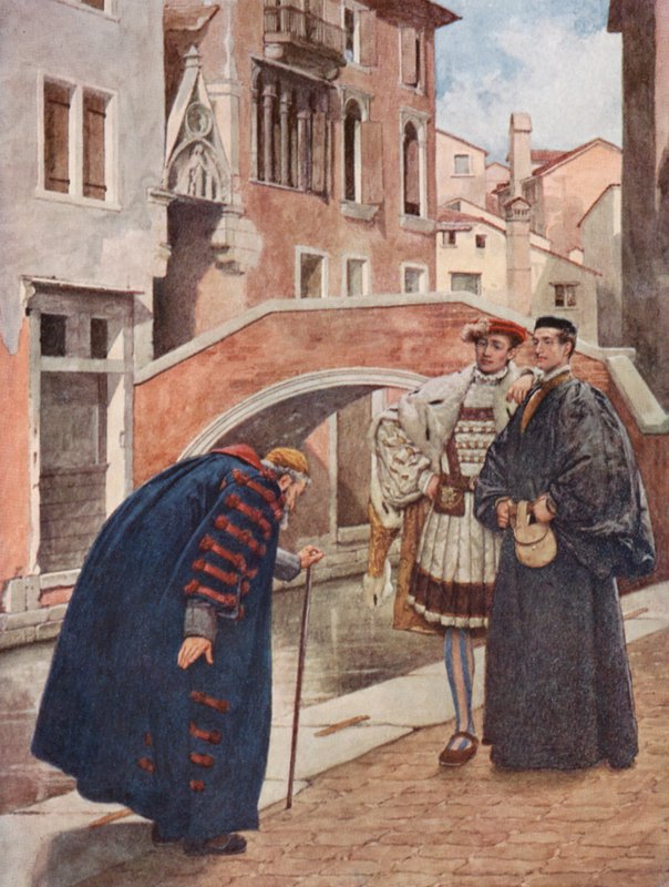 Kupiec wenecki Szekspira: Shylock, Bassanio i Antonio (kolorowa litografia) autorstwa James Dromgole Linton