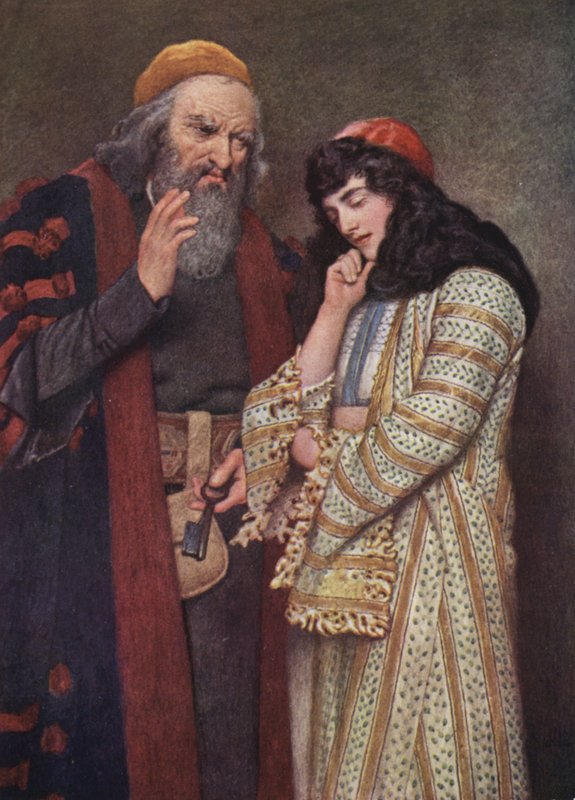 Kupiec wenecki Szekspira: Shylock i Jessica (kolorowa litografia) autorstwa James Dromgole Linton