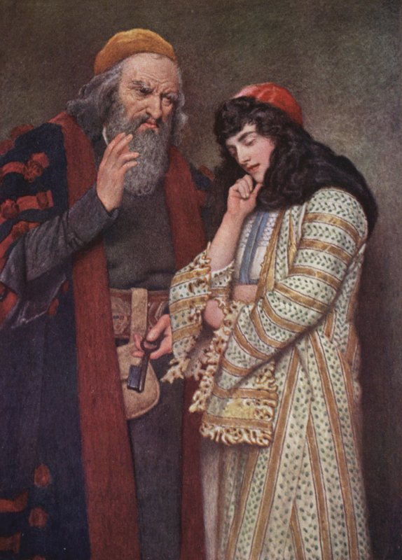 Kupiec wenecki Szekspira: Shylock i Jessica (kolorowa litografia) autorstwa James Dromgole Linton