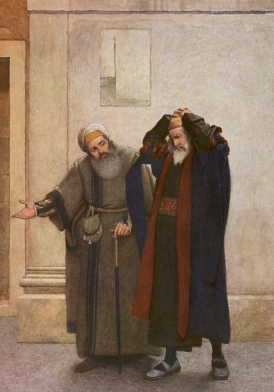 Kupiec wenecki Szekspira: Shylock i Tubal (kolorowa litografia) autorstwa James Dromgole Linton