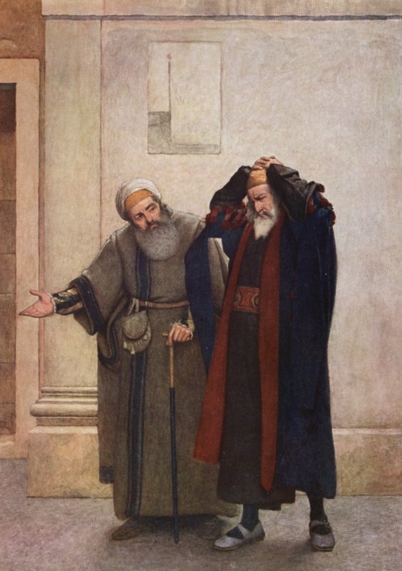 Kupiec wenecki Szekspira: Shylock i Tubal (kolorowa litografia) autorstwa James Dromgole Linton