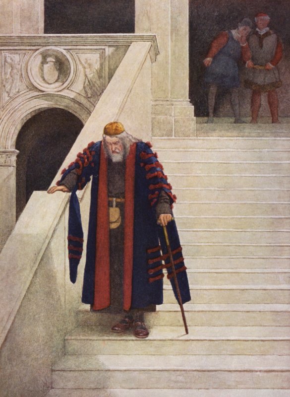 Kupiec wenecki Szekspira: Shylock opuszczający Pałac Książęcy (kolorowa litografia) autorstwa James Dromgole Linton