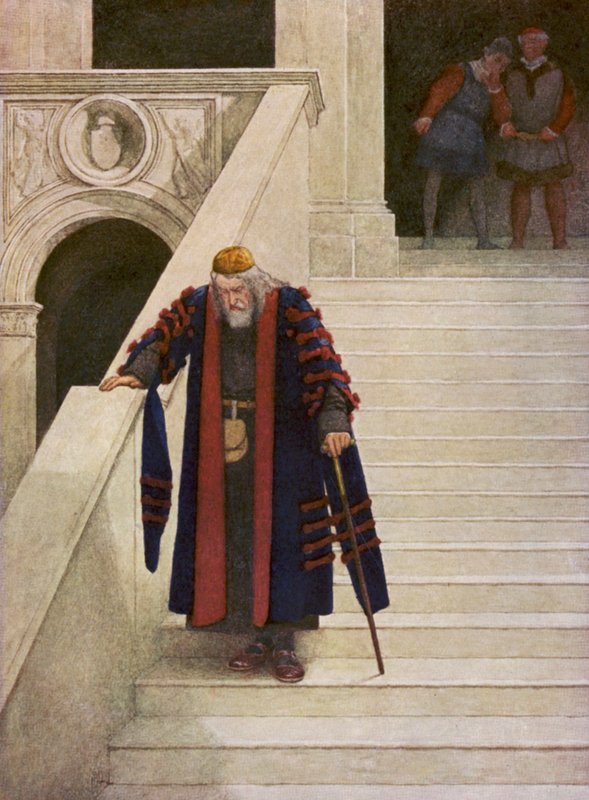 Kupiec wenecki Szekspira: Shylock opuszczający Pałac Książęcy (kolorowa litografia) autorstwa James Dromgole Linton