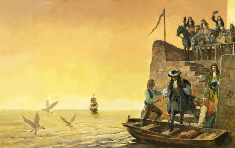Odejście Jakuba II (gwasz na papierze) autorstwa James Edwin McConnell