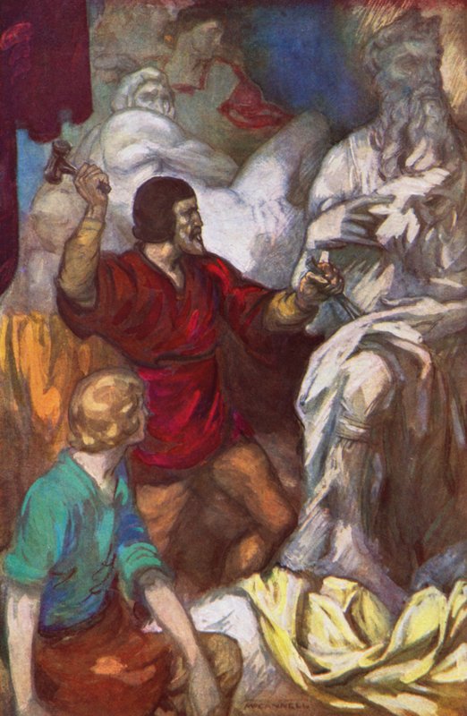Michał Anioł rzeźbi Mojżesza ze skały (kolorowa litografia) autorstwa James Edwin McConnell