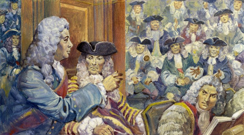 Sir Robert Walpole postawił kiedyś gwineę na swoją klasyczną dokładność i przegrał (gwasz na papierze) autorstwa James Edwin McConnell