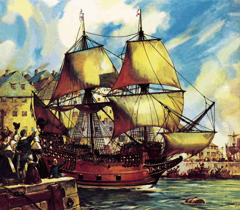 Mayflower opuszcza Plymouth autorstwa James Edwin McConnell