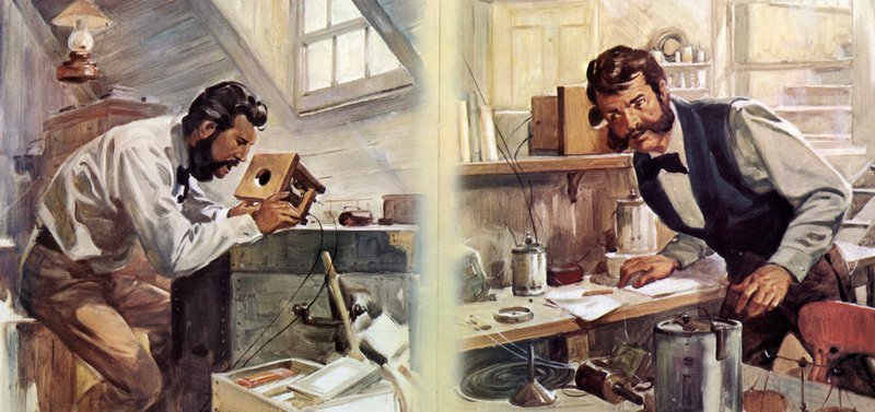 Pierwsza rozmowa telefoniczna (kolorowa litografia) autorstwa James Edwin McConnell