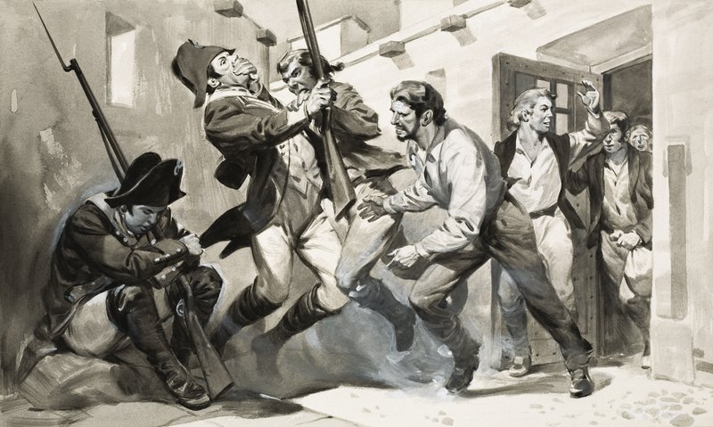 William Scoresby ucieka z hiszpańskiego więzienia (gwasz na papierze) autorstwa James Edwin McConnell