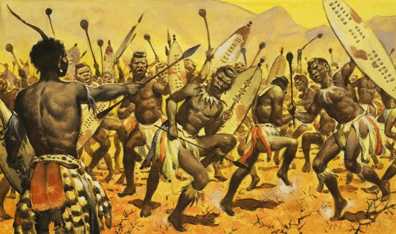 Wojownicy Zulu zmuszeni przez Shakę do tańca na ciernistej ziemi autorstwa James Edwin McConnell