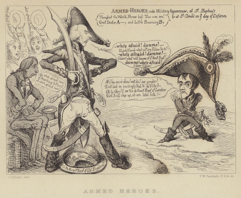 Uzbrojeni bohaterowie: brytyjski premier Henry Addington konfrontujący się z Napoleonem i groźbą inwazji francuskiej, 1803 autorstwa James Gillray