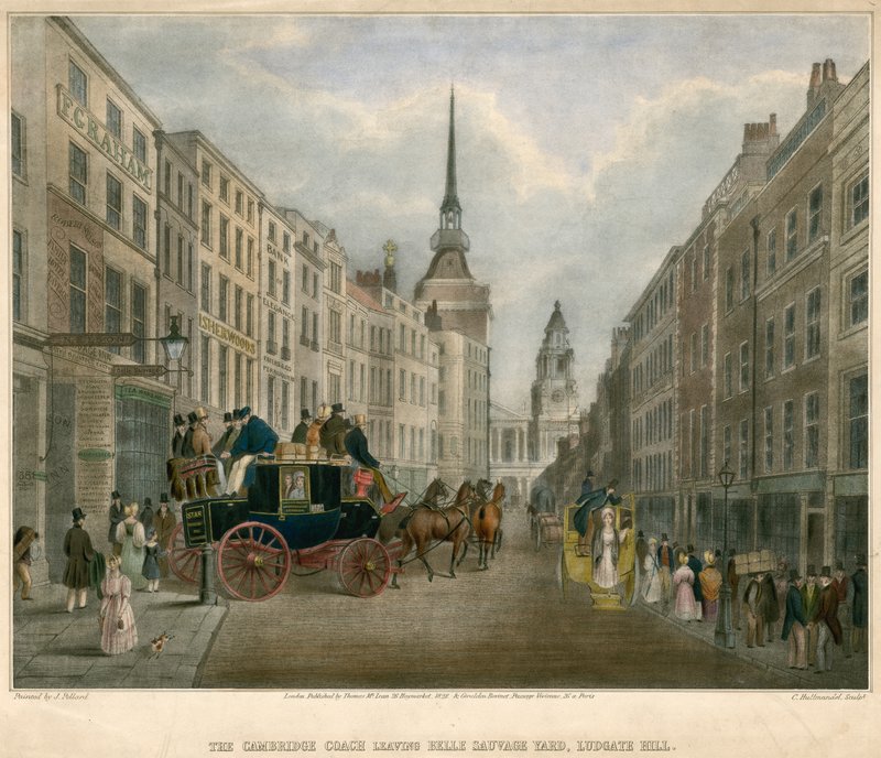 Autobus Cambridge wyjeżdża z Belle Sauvage Yard, Ludgate Hill, Londyn autorstwa James Pollard