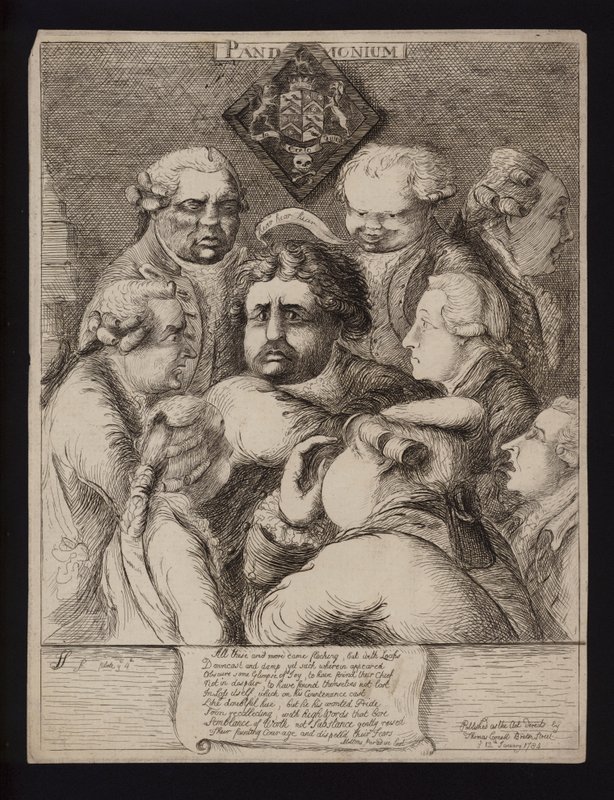 Pandemonium: satyra na niestabilność polityczną w Wielkiej Brytanii po upadku koalicji Fox-North i zastąpieniu jej rządem Williama Pitta Młodszego, 1784 autorstwa James Sayers