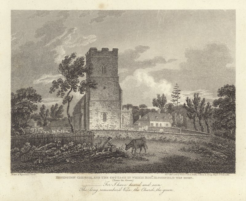 Robert Bloomfield, poeta: Honington Church i domek, w którym urodził się Robert Bloomfield (grafika) autorstwa James Storer