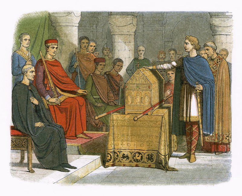 Harold przysięga wierność księciu Wilhelmowi Normandii autorstwa James William Edmund Doyle