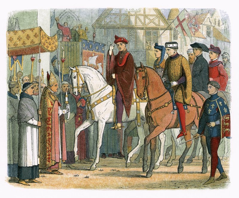 Król Francji Karol VI i Henryk V witani przez duchowieństwo autorstwa James William Edmund Doyle