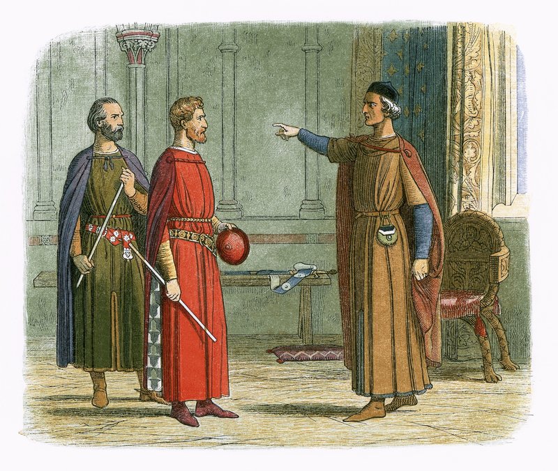 Król Edward I grozi lordowi marszałkowi autorstwa James William Edmund Doyle