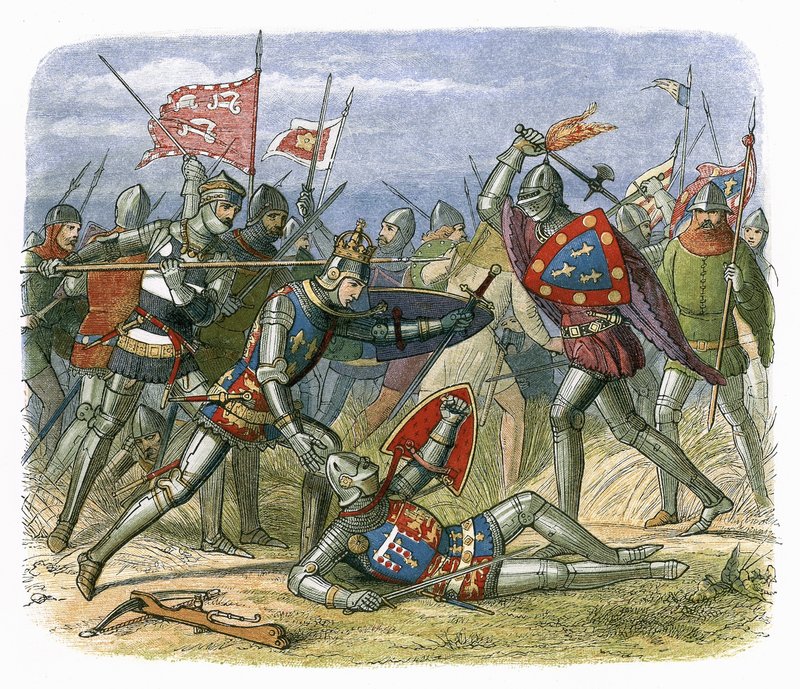Król Henryk V zaatakowany przez księcia Alencon w bitwie pod Agincourt autorstwa James William Edmund Doyle