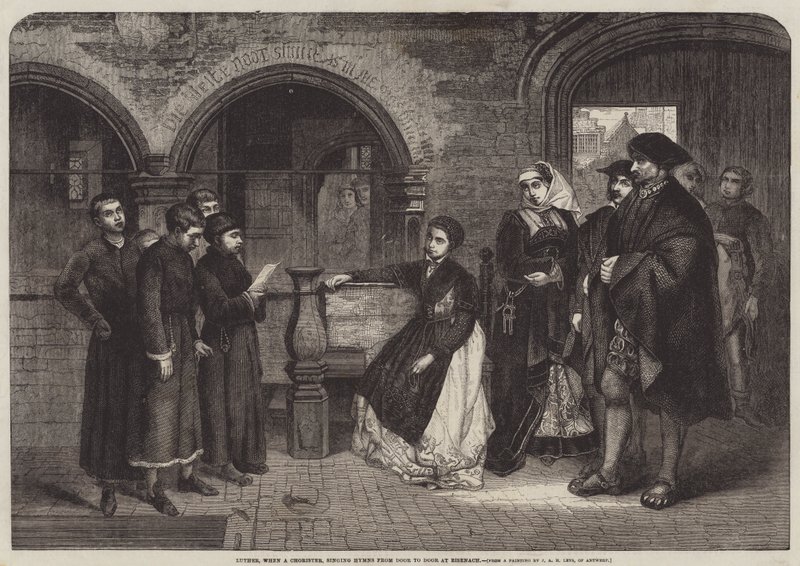 Luter, gdy chórzysta śpiewa Hymny od drzwi do drzwi w Eisenach autorstwa Jan August Hendrik Leys