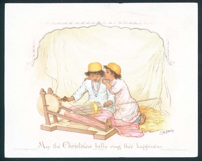 Wiktoriańska kartka bożonarodzeniowa z dwoma młodymi chłopcami (chromolitho) autorstwa Jane M. Dealy