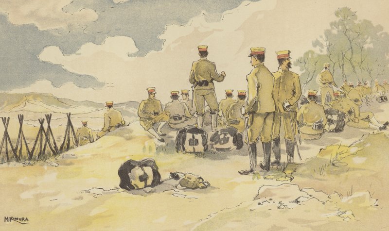 Batalion Gwardii Cesarskiej zatrzymujący się w drodze do Liao-yang (chromolitho) autorstwa Japanese School
