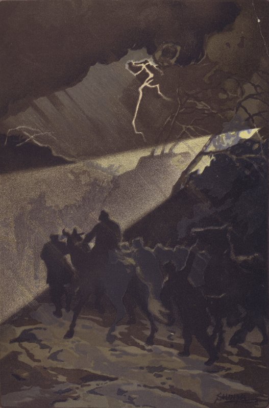 Marsz wojsk japońskich w burzliwą noc przed generalnym atakiem na Nan-shan (chromolitho) autorstwa Japanese School