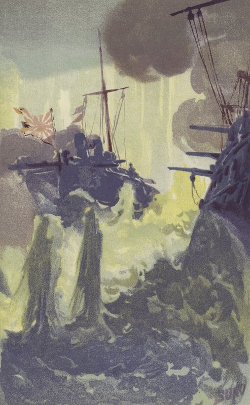 Nocny atak japońskich niszczycieli torpedowców na rosyjską eskadrę w pobliżu Port Arthur (chromolitho) autorstwa Japanese School
