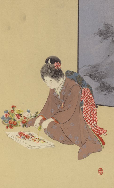 Młoda dziewczyna bawiąca się chryzantemami (chromolitho) autorstwa Japanese School