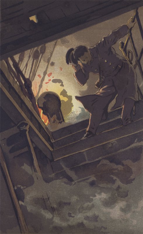 Dowódca Hirose szuka chorążego Sugino (chromolitho) autorstwa Japanese School