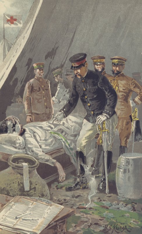 General Prince Fushimi consolando um soldado ferido após a feroz batalha de Nanshan (chromolitho) polonês autorstwa Japanese School
