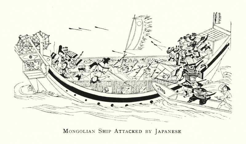 Mongolski statek zaatakowany przez Japończyków (lito) autorstwa Japanese School