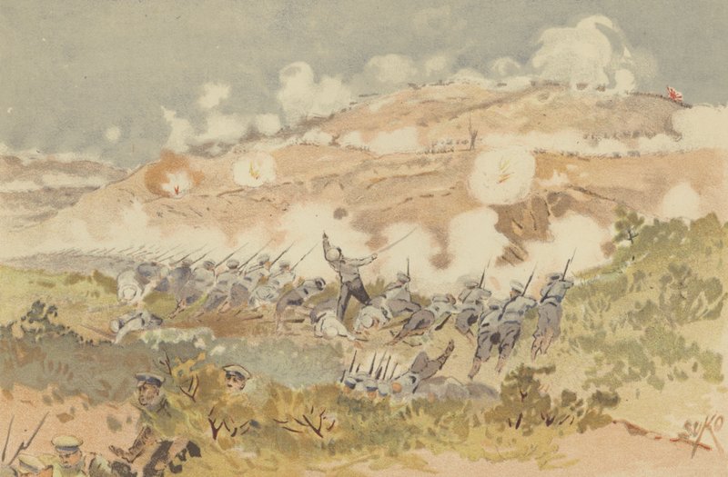 Rosyjski kontratak na naszą pozycję w Chien-shan (chromolitho) autorstwa Japanese School