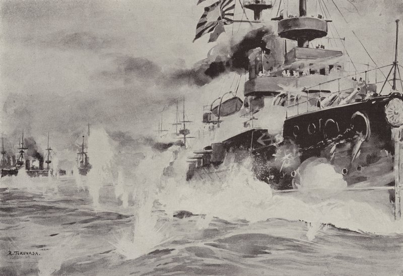 Mikasa dzielnie walczący z rosyjską eskadrą u wybrzeży Port Arthur 10 sierpnia (lito) autorstwa Japanese School