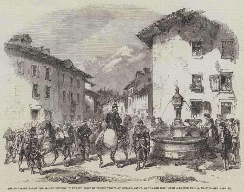 Wojna, przybycie drugiej dywizji 4. Korpusu Wojsk Francuskich w Modane, Savoy, 3 wp. autorstwa Jean Adolphe Beauce