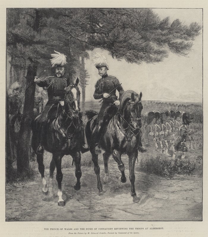 Książę Walii i książę Connaught dokonują przeglądu wojsk w Aldershot. autorstwa Jean Baptiste Edouard Detaille