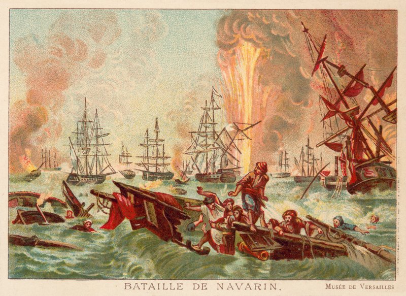Bitwa pod Navarino, 1827 (chromolitho) autorstwa Jean Charles Langlois