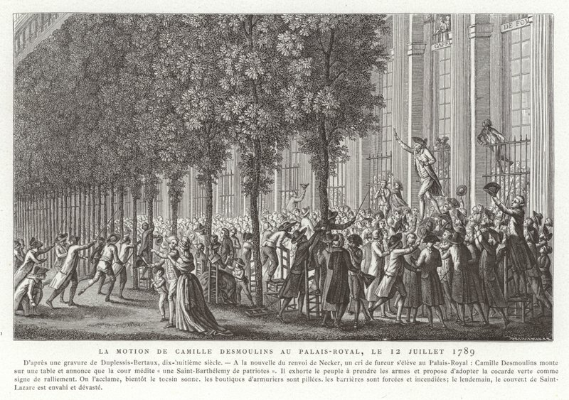 Camille Desmoulins wydaje wezwanie do broni przed Palais Royal, Paryż, Rewolucja Francuska, 12 lipca 1789 autorstwa Jean Duplessis Bertaux