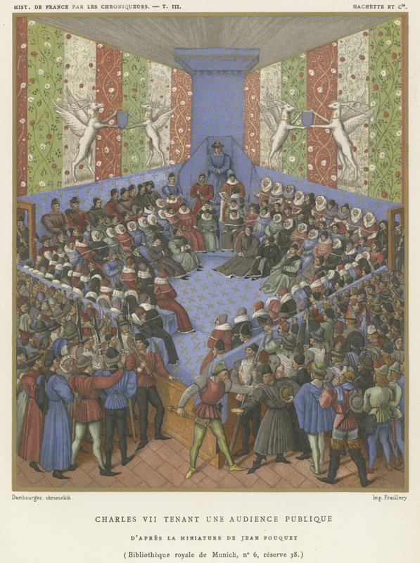 Karol VII na audiencji publicznej (chromolitho) autorstwa Jean Fouquet