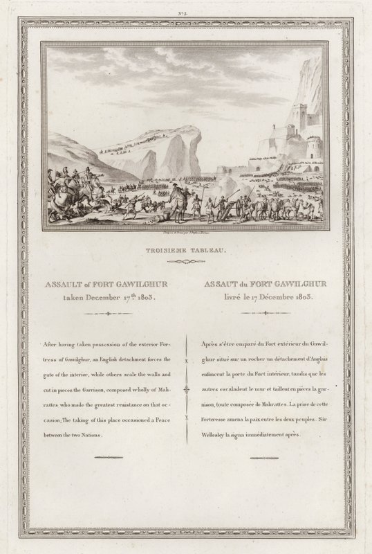 Zdobycie fortu Gawilghur przez Brytyjczyków pod dowództwem Artura Wellesleya, II wojna Anglo-Marashtra, Indie autorstwa Jean (after) Duplessi Bertaux