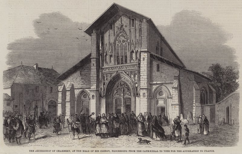 Arcybiskup Chambery, na czele swojego duchowieństwa, wychodzący z katedry, aby zagłosować za przyłączeniem do Francji autorstwa Jean Adolphe Beauce