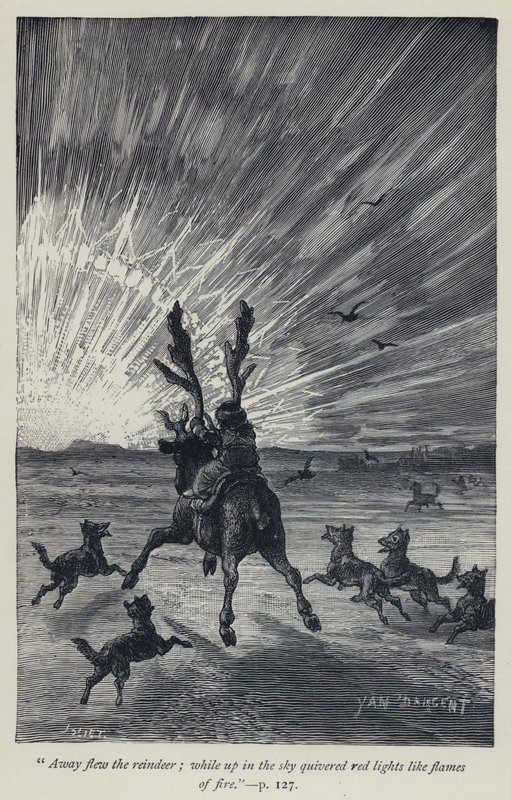 "Renifer odleciał, a na niebie drżały czerwone światła jak płomienie ognia" (rycina) autorstwa Jean Edouard Dargent