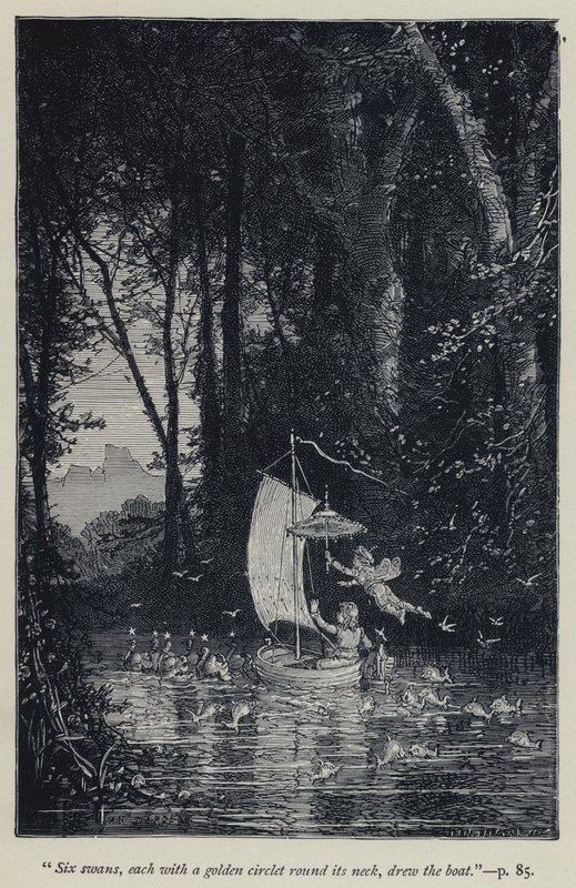 „Sześć łabędzi, każdy ze złotą opaską na szyi, narysowało łódź” (rycina) autorstwa Jean Edouard Dargent