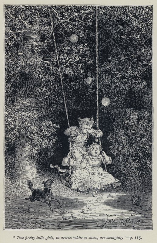 „Dwie śliczne dziewczynki, w białych jak śnieg sukniach, huśtają się” (grafika) autorstwa Jean Edouard Dargent