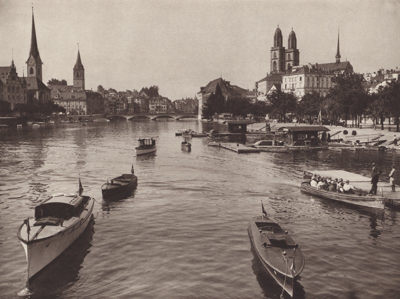 Szwajcaria: Zurych od Quaibrucke (zdjęcie czarno-białe) autorstwa Jean Gaberell