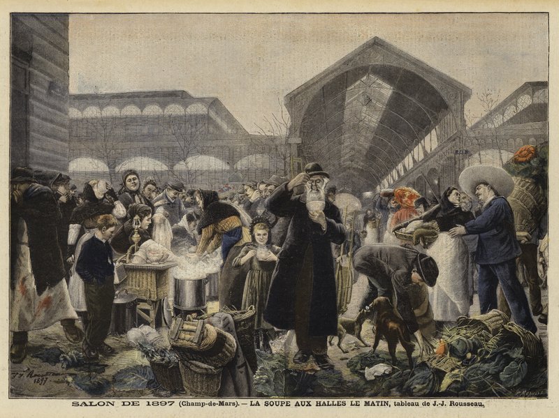 Stoisko z zupami na targu Les Halles rano autorstwa Jean Jacques Rousseau