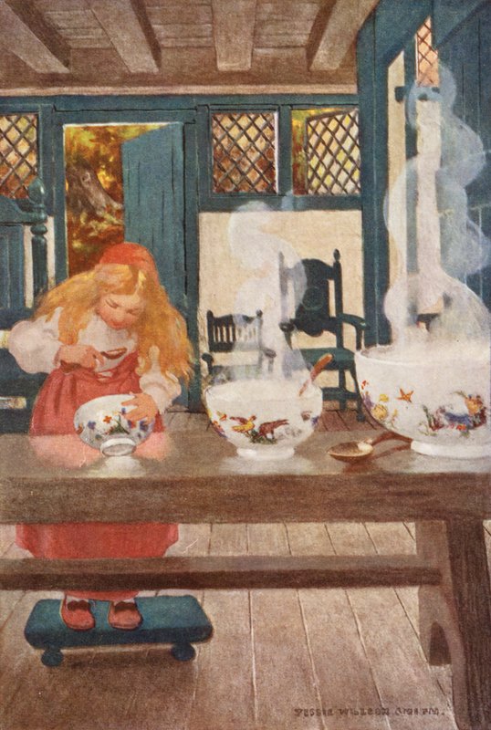 Złotowłosa, czyli trzy niedźwiadki (kolorowa litografia) autorstwa Jessie Willcox Smith