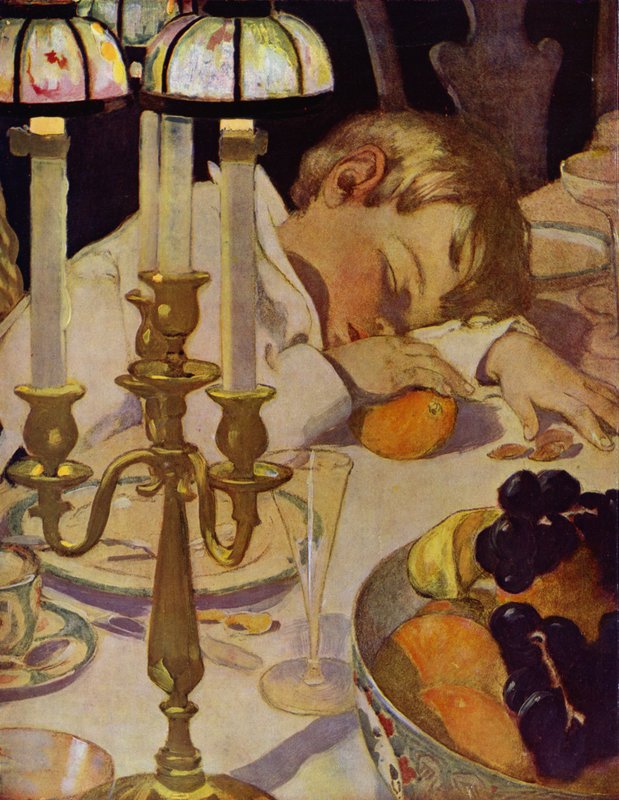 Robin położył głowę na ramieniu i zamknął oczy (kolor lito) autorstwa Jessie Willcox Smith