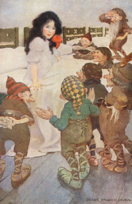 Przebiśnieg i siedmiu małych krasnoludków (kolorowa litografia) autorstwa Jessie Willcox Smith